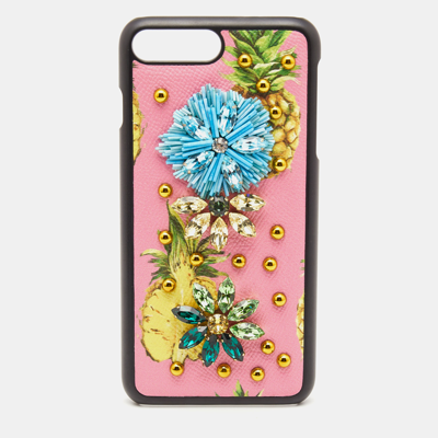 Pre-owned Dolce & Gabbana Pink Fruit Print Leather Crystal Embellished Iphone 7 Plus Case In Multicolor