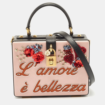 Pre-owned Dolce & Gabbana Pink/black Embellished Leather Box L' Amore Top Handle Bag