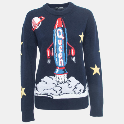 Pre-owned Dolce & Gabbana Navy Blue Spaceship Patterned Wool Sweater S