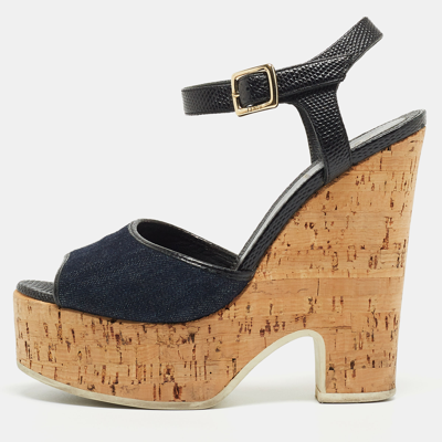 Pre-owned Fendi Navy Blue/black Denim And Lizard Embossed Leather Cork Wedge Platform Ankle Strap Sandals Size 38