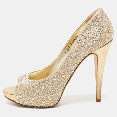 Pre-owned Gina Metallic Beige Crystal Embellished Satin Peep Toe Platform Pumps Size 39.5