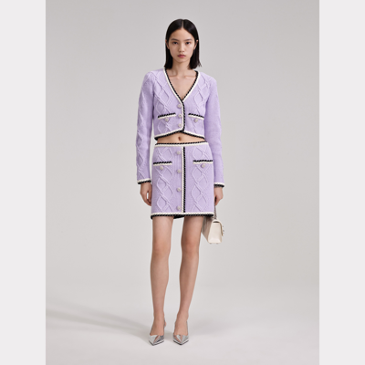 Self-portrait Contrasting-trim Cable-knit Miniskirt In Purple
