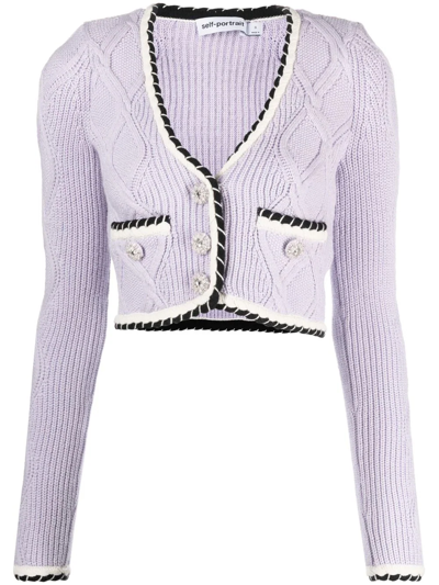 Self-portrait Cable Knit Cotton Blend Cardigan In Lilac