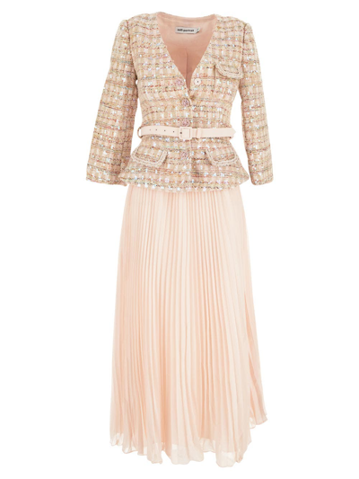 Self-portrait Belted Sequin-embellished Bouclé-tweed And Pleated Chiffon Midi Dress In Pink