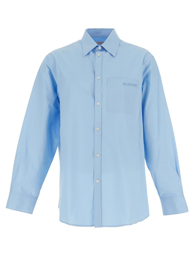 Valentino Logo Embroidered Cotton Shirt In Light Blue Cotton