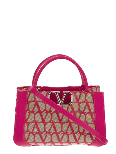 Valentino Garavani Toile Iconographe Small Tote Bag In Beige,fuchsia