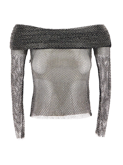 Self-portrait Rhinestone Fishnet Top In Black
