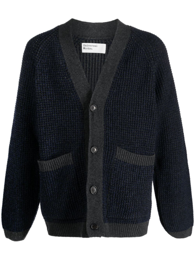 Universal Works Two-tone Ribbed Wool-blend Cardigan In Blue