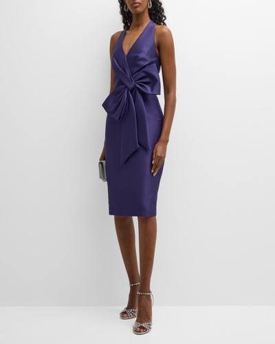 Badgley Mischka Pleated Bow-front Bodycon Midi Dress In Ultra Violet