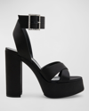 SAINT LAURENT BIANCA SATIN BUCKLE PLATFORM SANDALS