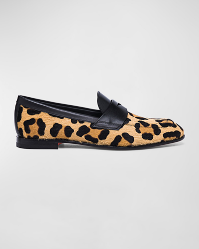 Santoni Facile Leather Leopard Penny Loafers In Brown