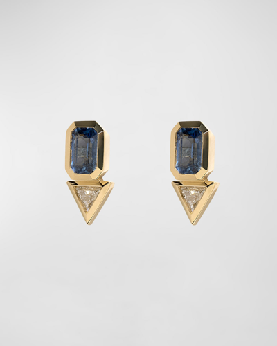 Azlee Sapphire & Trillion Diamond Stud Earrings In Gold