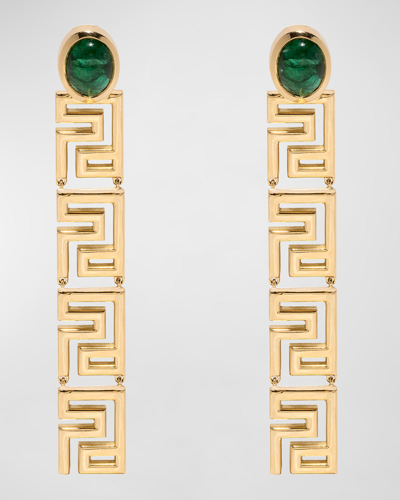 Azlee Greek Pattern Emerald Long Drop Earrings In Gold