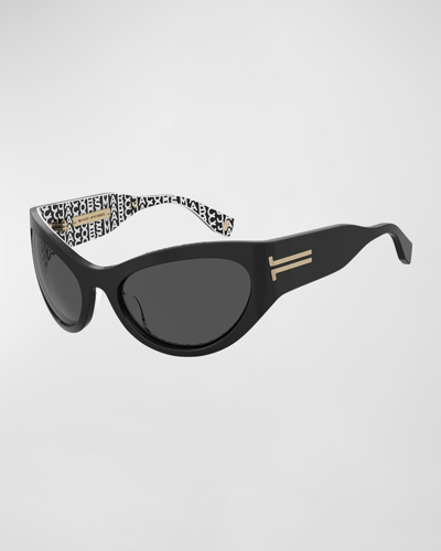 Marc Jacobs Monogram Acetate Wrap Sunglasses In Black