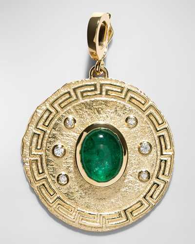 Azlee Greek Pattern Emerald & Diamond Large Coin Pendant In Gold