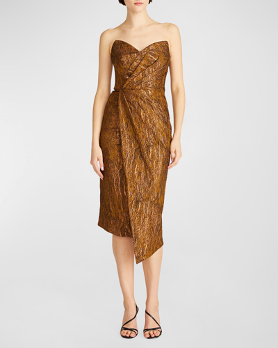 Theia Marcy Pleated Strapless Jacquard Midi Dress In Gold Nectar