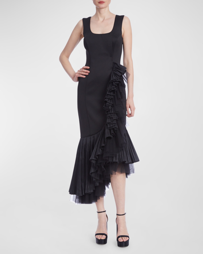 Badgley Mischka Sleeveless Ruffle Tulle High-low Midi Dress In Black