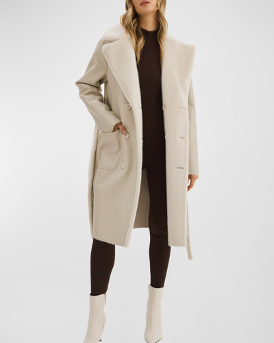 Lamarque Abigail Reversible Faux-shearling Peacoat With Belt In Ivory