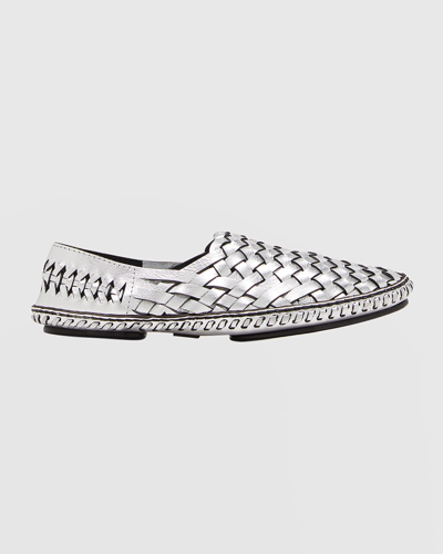 Saint Laurent Neil Woven Metallic Leather Loafers In Argento