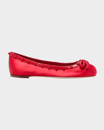 Valentino Garavani Womens Red Rockstud Bow-embellished Satin Ballet Flats