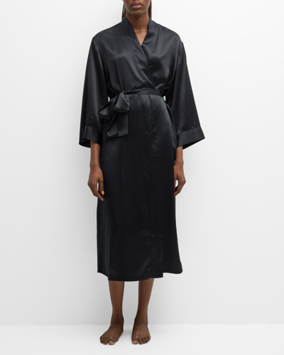 Neiman Marcus 3/4-sleeve Silk Charmeuse Dressing Gown In Black
