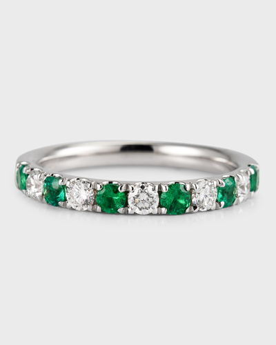David Kord 18k White Gold Ring With 2.5mm Alternating Emeralds And Diamonds In Green