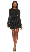 Alice And Olivia Chara Longsleeve Crewneck Tiered Ruffle Mini Dress In Black