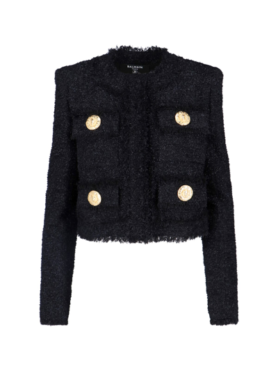 Balmain Crop Tweed Jacket In Black  