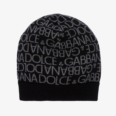 Dolce & Gabbana Kids' Logo Intarsia-knit Wool Beanie In Black