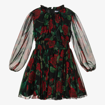 Dolce & Gabbana Kids' Girls Black & Red Rose Chiffon Dress
