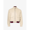 GUCCI GUCCI MEN'S BEIGE BLUE RED STAND-COLLAR STRIPED-HEM LEATHER JACKET