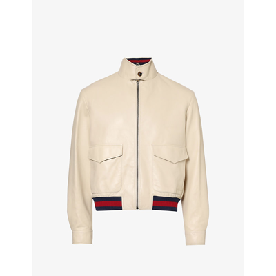 Gucci Web-stripe Leather Jacket In Beige/blu/rosso