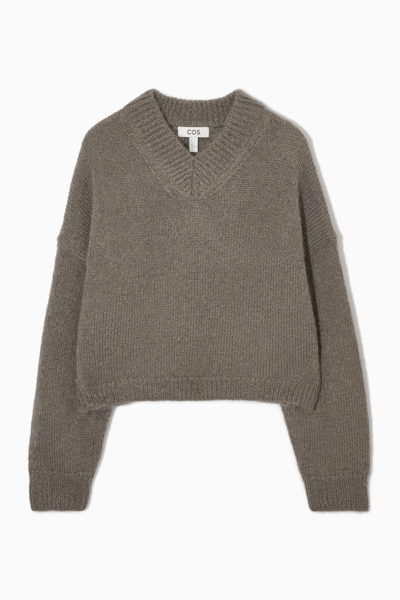Cos Cropped V-neck Mohair Sweater In Beige