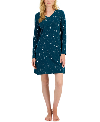 Charter Club Women's Cotton Long-sleeved Printed Sleepshirt, Created For Macy's In Reindeer Sky