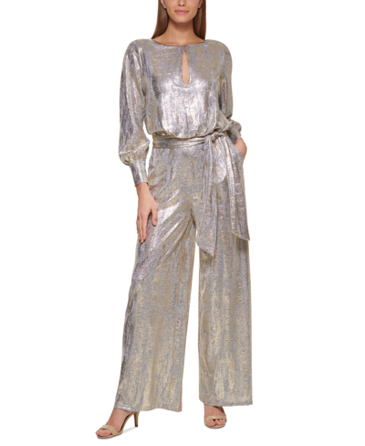 Vince Camuto Petite Metallic Wide-leg Belted Jumpsuit In Gold