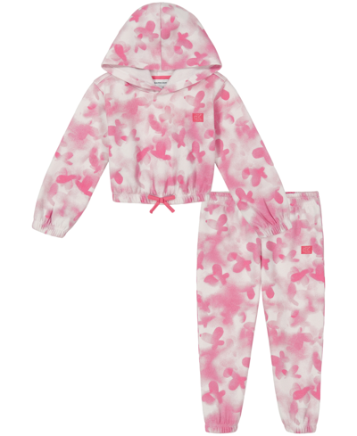 Calvin Klein Toddler Girl Hooded Butterfly Print Fleece Sweatsuit And Pants, 2 Piece Set In Fuchsia Pink