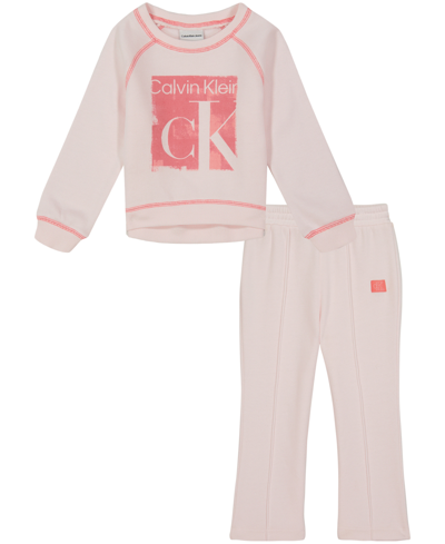 Calvin Klein Little Girls Flocked Logo Fleece Crewneck Top And Flare Leg Pants, 2 Piece Set In Pink
