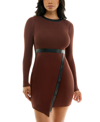 Bcx Juniors' Round-neck Faux-leather-trim Sweater Dress In Camel