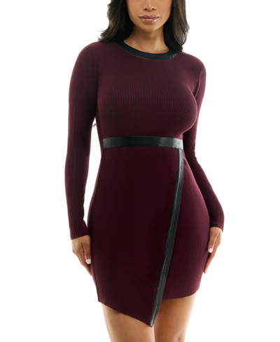 Bcx Juniors' Round-neck Faux-leather-trim Sweater Dress In Wine