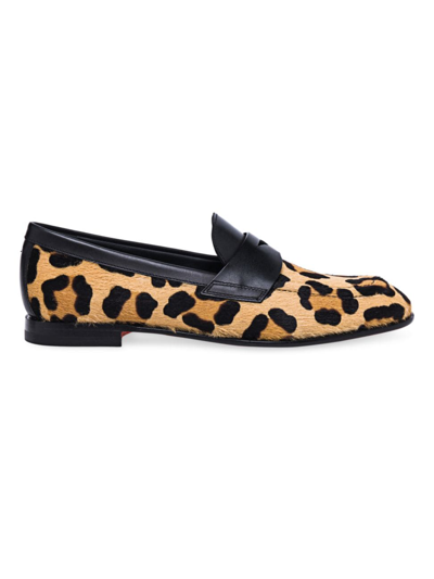 Santoni Facile Leather Leopard Penny Loafers In Tan