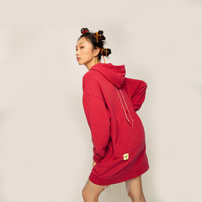Puma 【错位设计】春秋款女式长袖连衣裙纯棉挡风针织连帽套头卫衣裙 In Red