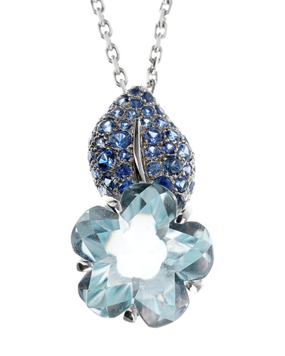Pre-owned Chanel 18k 5.00 Ct. Tw. Sapphire & Aquamarine Camellia Pendant Necklace (authentic )