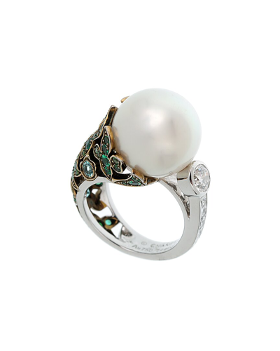 Pre-owned Chanel 18k 1.90 Ct. Tw. Diamond & Emerald & Paraiba Tourmalines Pearl Ring (authentic )