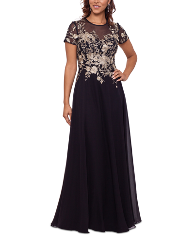 Betsy & Adam Petite Mesh Embroidered Gown In Black,gold