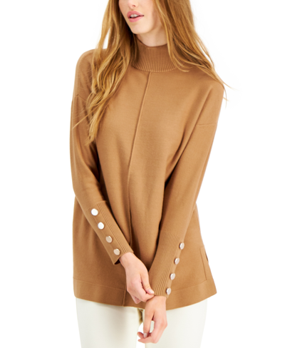 Anne Klein Button-trim Mock-neck Sweater In Vicuna