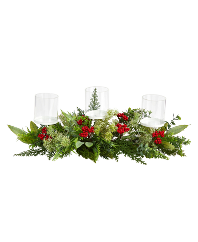 Nearly Natural Holiday Winter Greenery And Berries Triple Candle Holder Artificial Christmas Table Arrangement, 20" In Green,red