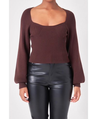 Endless Rose Knitted Balloon Sleeve Top In Chocolate