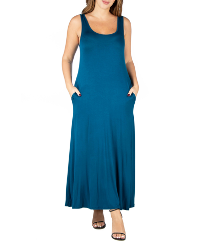 24seven Comfort Apparel Women's Relaxed Fit Sleeveless Tunic Dress With Pockets In Blue