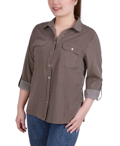 Ny Collection Petite 3/4 Sleeve Roll Tab Notch Collar Blouse In Coffee Bean,doeskin Torterella