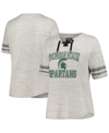PROFILE WOMEN'S PROFILE HEATHER GRAY DISTRESSED MICHIGAN STATE SPARTANS PLUS SIZE STRIPED LACE-UP T-SHIRT
